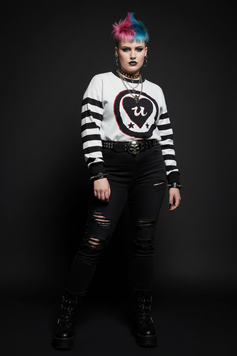 DARK URCHIN 'LOVE U' MENACE Relaxed fit knitted crew neck sweater. Black Heart. XL