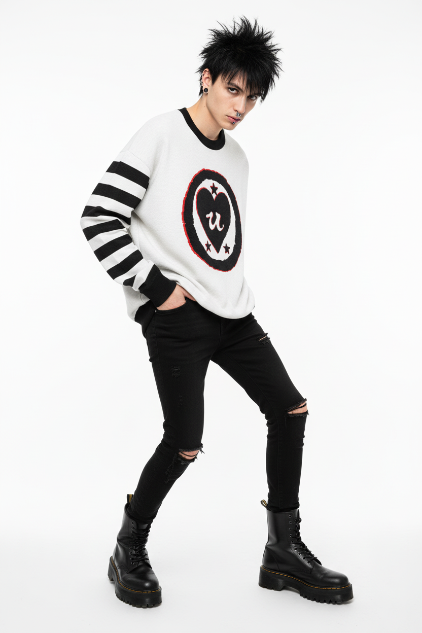 DARK URCHIN 'LOVE U' MENACE Relaxed fit knitted crew neck sweater. Black Heart. XL