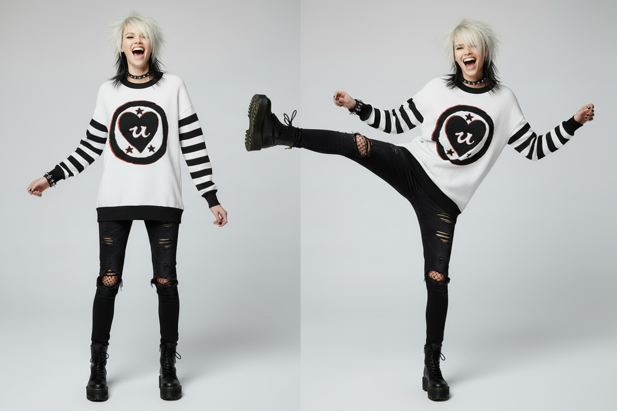 DARK URCHIN 'LOVE U' MENACE Relaxed fit knitted crew neck sweater. Black Heart. XL