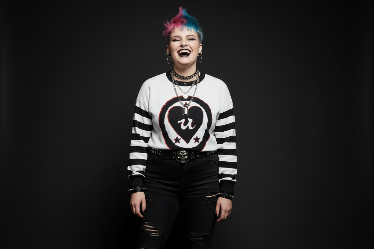DARK URCHIN 'LOVE U' MENACE Relaxed fit knitted crew neck sweater. Black Heart. XL