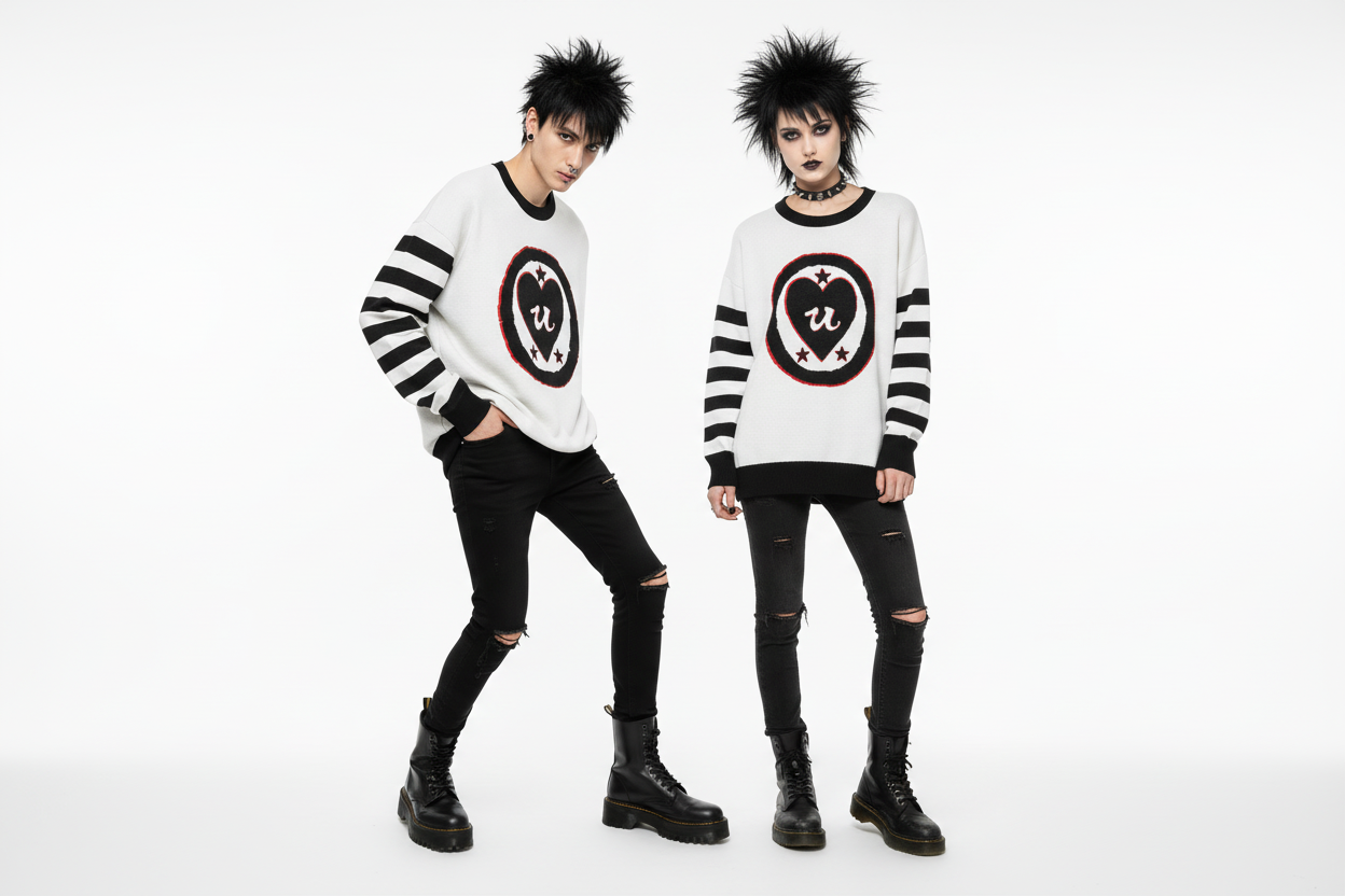 DARK URCHIN 'LOVE U' MENACE Relaxed fit knitted crew neck sweater. Black Heart. XL