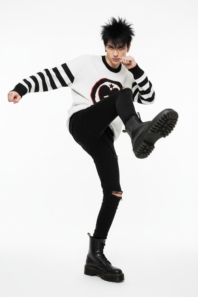 DARK URCHIN 'LOVE U' MENACE Relaxed fit knitted crew neck sweater. Black Heart. XL