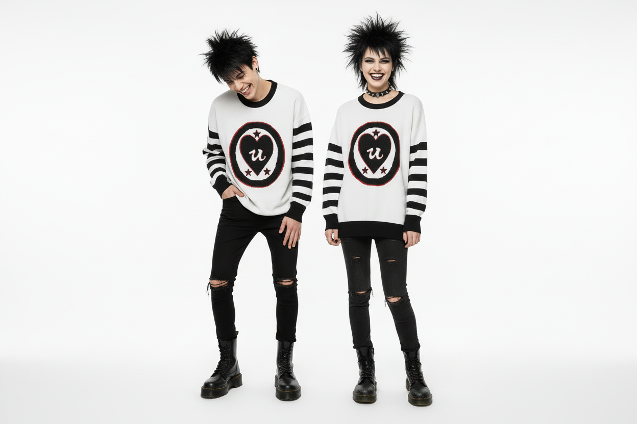 DARK URCHIN 'LOVE U' MENACE Relaxed fit knitted crew neck sweater. Black Heart. XL