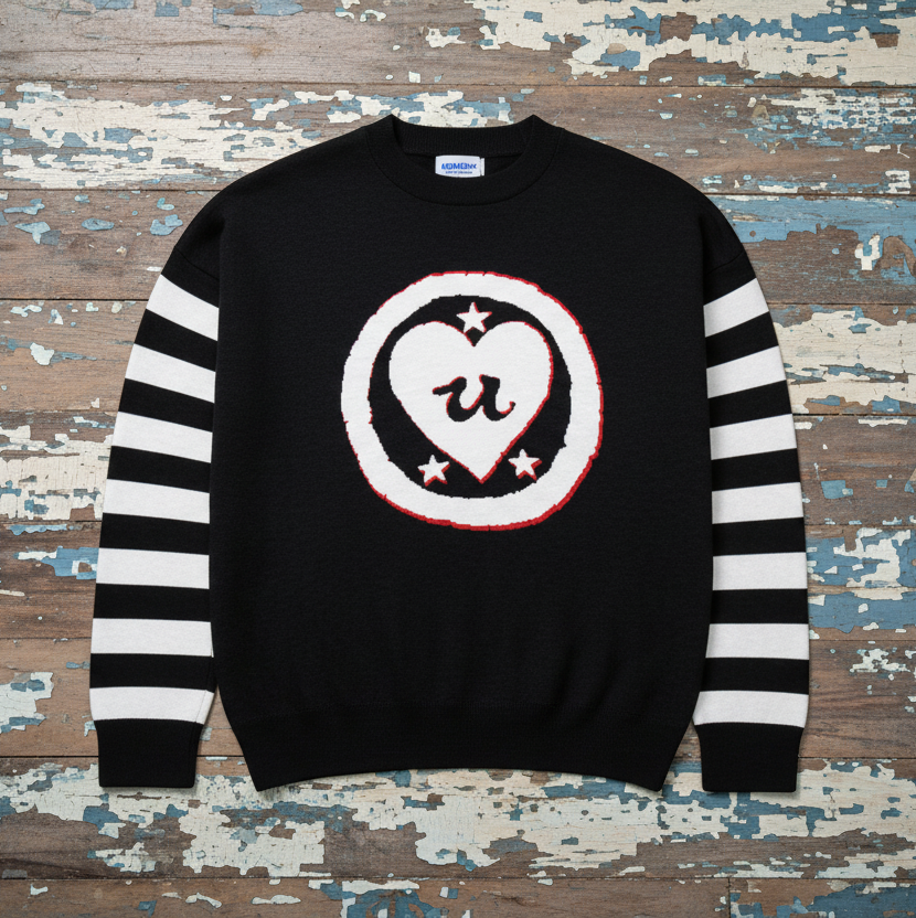 DARK URCHIN 'LOVE U' MENACE Relaxed fit knitted crew neck sweater. White Heart. XL