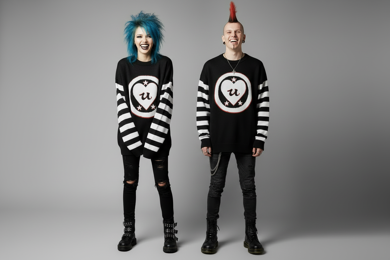DARK URCHIN 'LOVE U' MENACE Relaxed fit knitted crew neck sweater. White Heart. XL