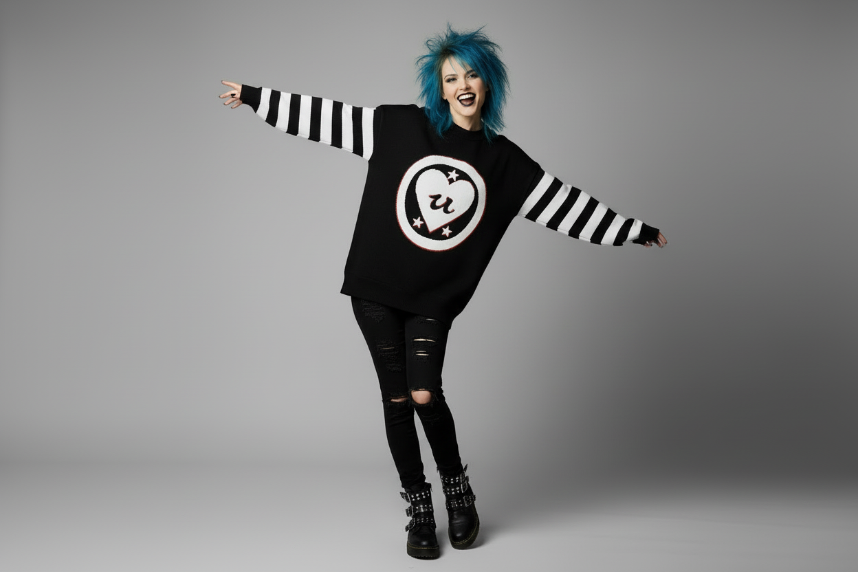 DARK URCHIN 'LOVE U' MENACE Relaxed fit knitted crew neck sweater. White Heart. XL