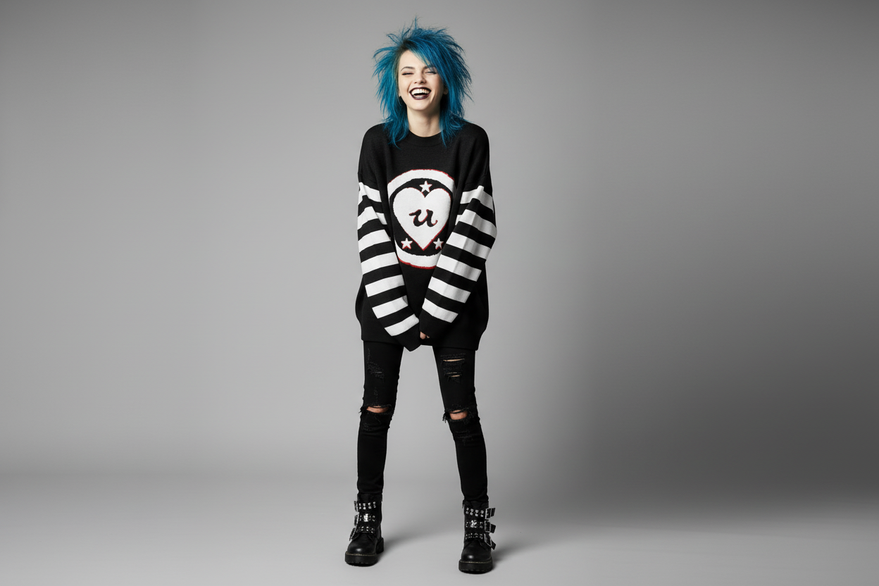 DARK URCHIN 'LOVE U' MENACE Relaxed fit knitted crew neck sweater. White Heart. XL
