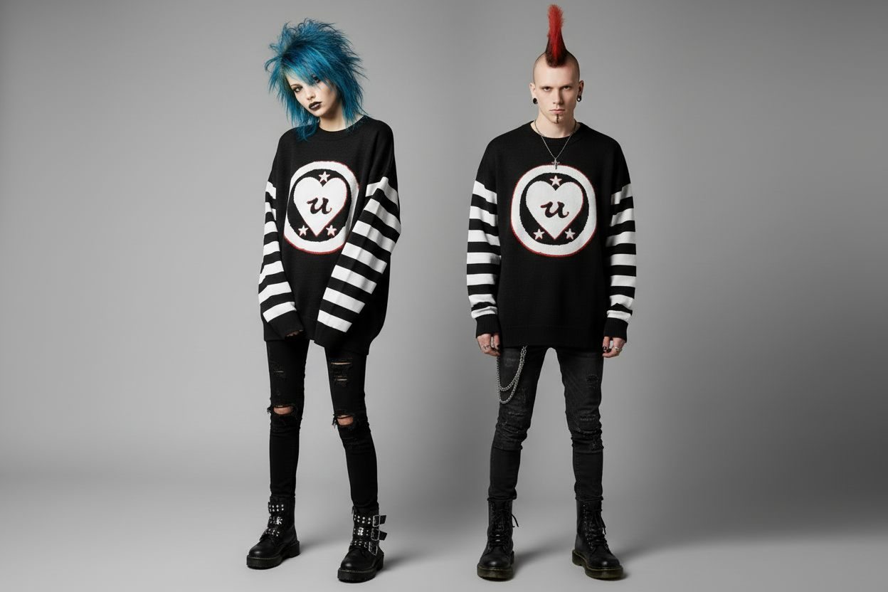 DARK URCHIN 'LOVE U' MENACE Relaxed fit knitted crew neck sweater. White Heart. XL