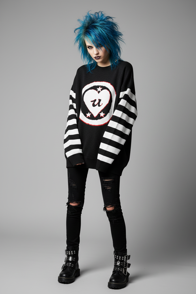 DARK URCHIN 'LOVE U' MENACE Relaxed fit knitted crew neck sweater. White Heart. XL