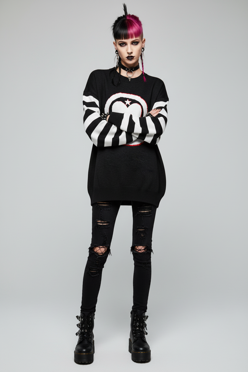 DARK URCHIN 'LOVE U' MENACE Relaxed fit knitted crew neck sweater. White Heart. XL