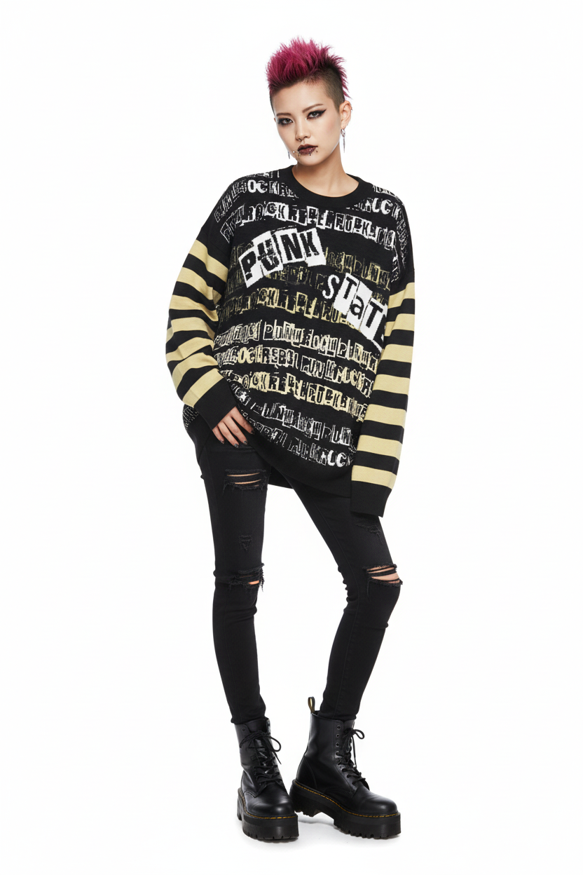 DARK URCHIN 'PUNK STATE' MENACE Unisex Relaxed fit knitted crew neck sweater.