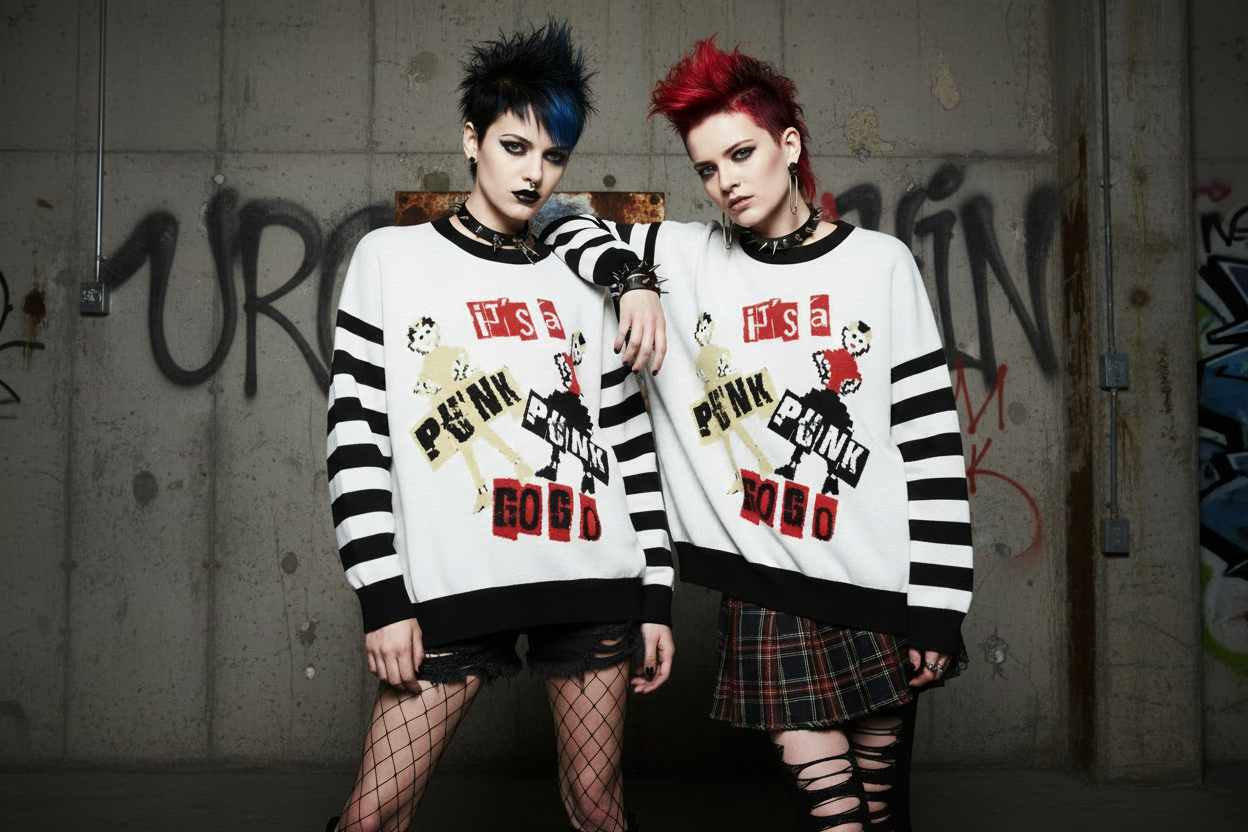DARK URCHIN 'PUNK GO GO' Relaxed fit knitted crew neck sweater. 3 Size Options