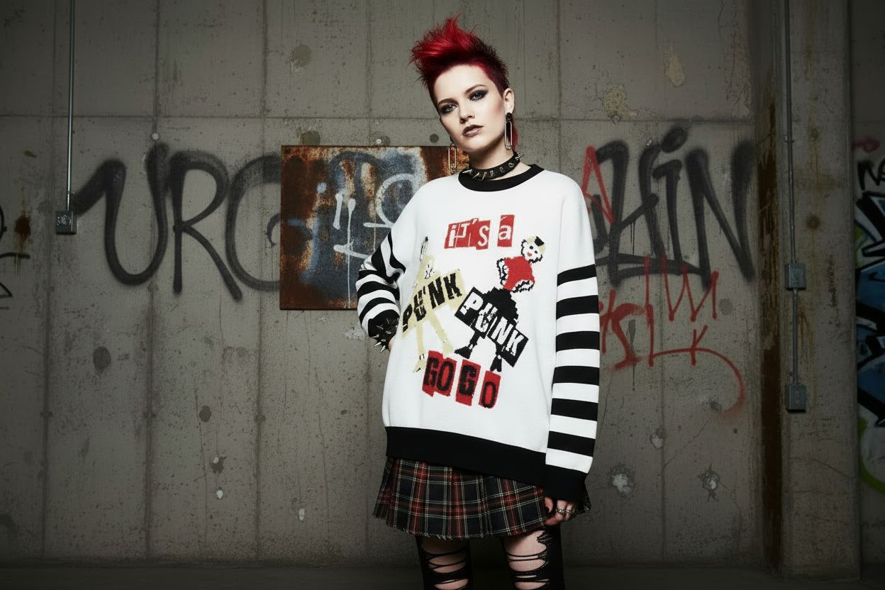 DARK URCHIN 'PUNK GO GO' Relaxed fit knitted crew neck sweater. 3 Size Options