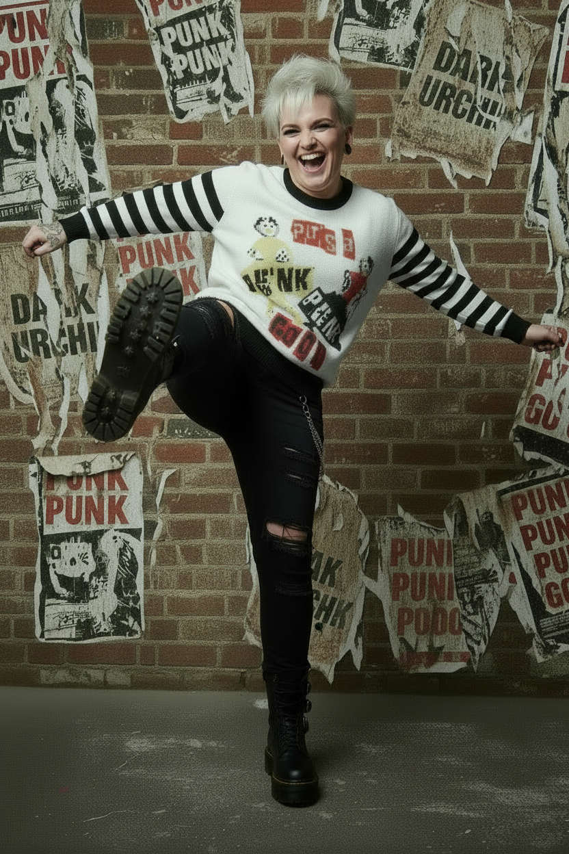 DARK URCHIN 'PUNK GO GO' Relaxed fit knitted crew neck sweater. 3 Size Options