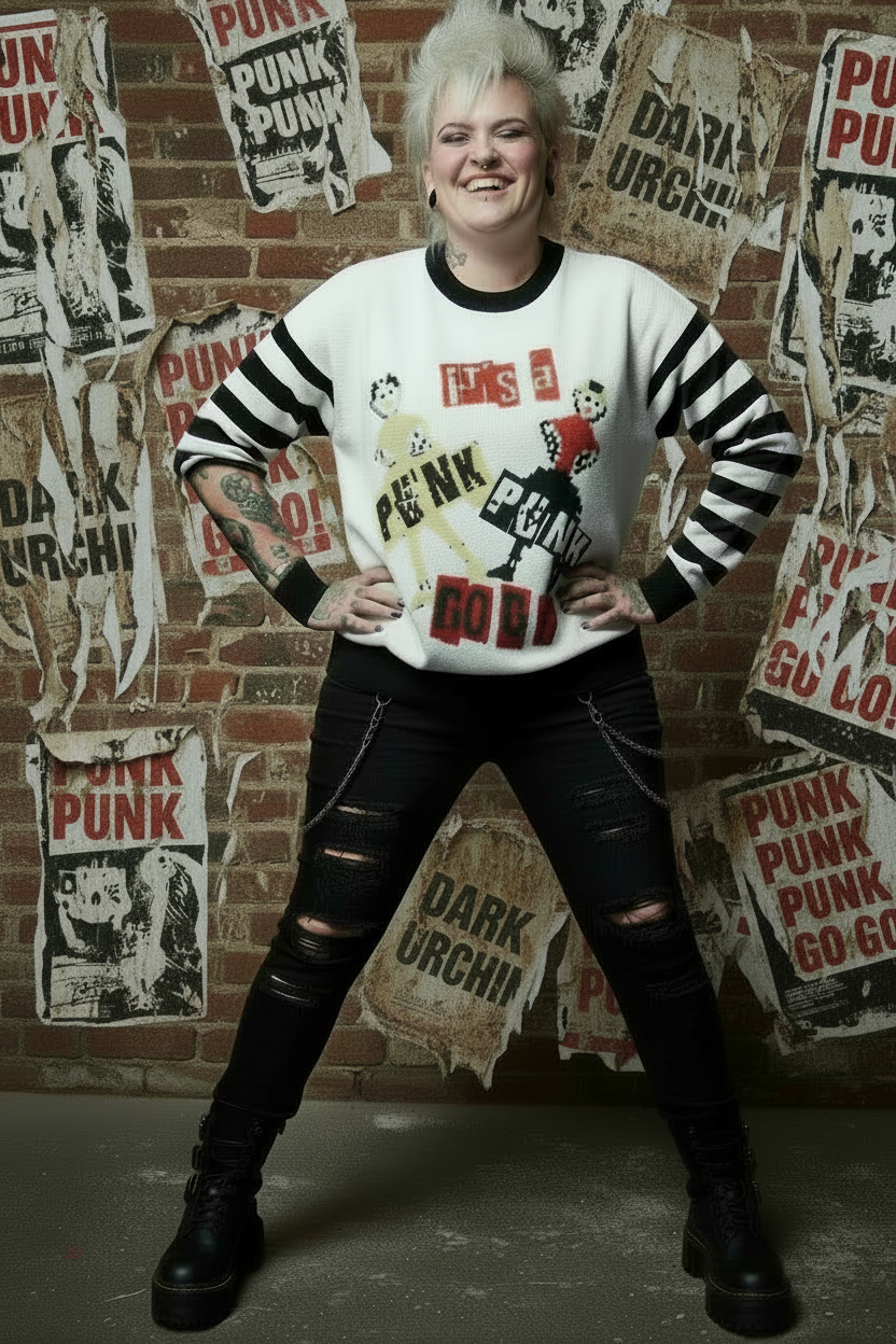 DARK URCHIN 'PUNK GO GO' Relaxed fit knitted crew neck sweater. 3 Size Options