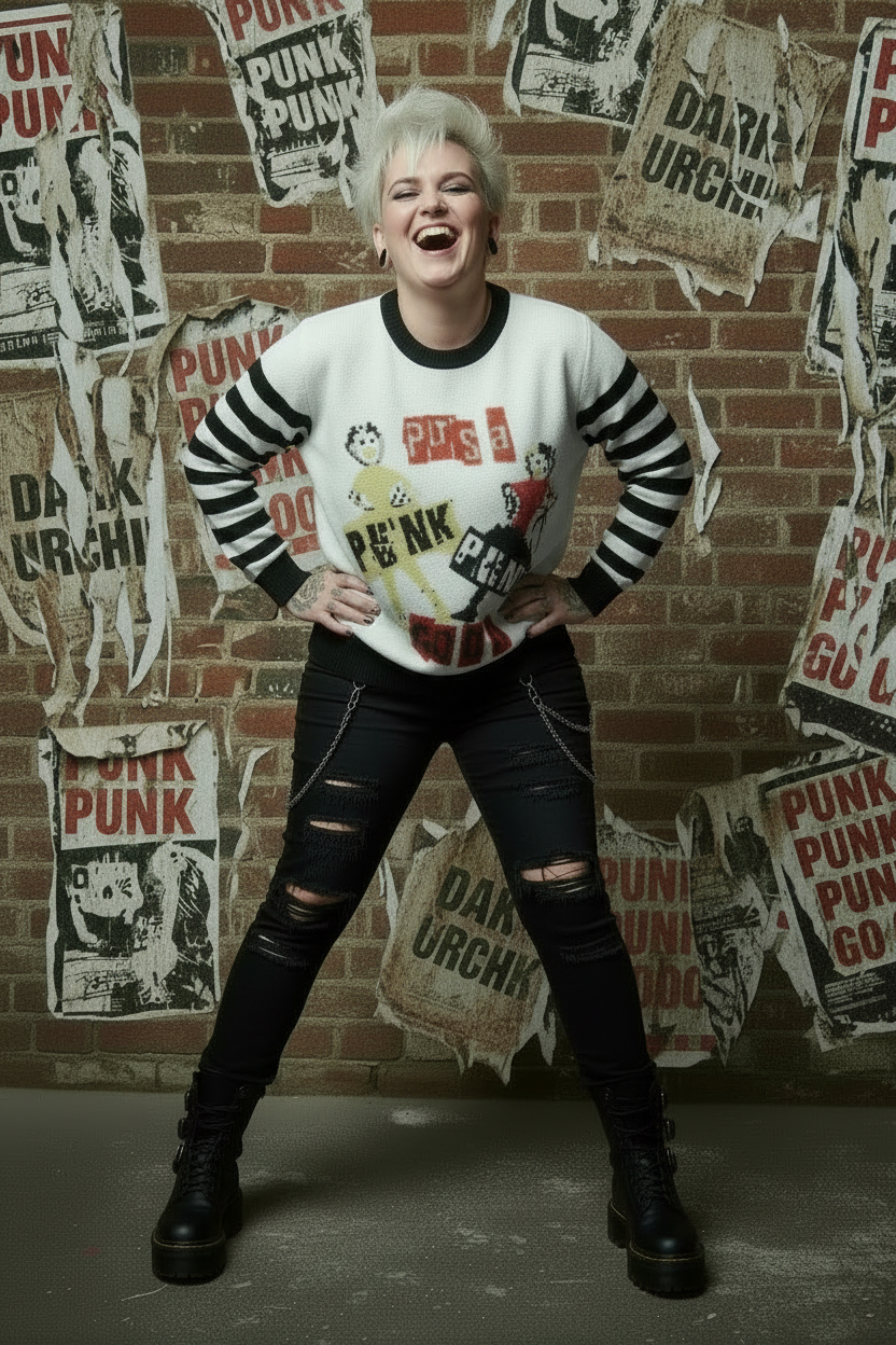 DARK URCHIN 'PUNK GO GO' Relaxed fit knitted crew neck sweater. 3 Size Options
