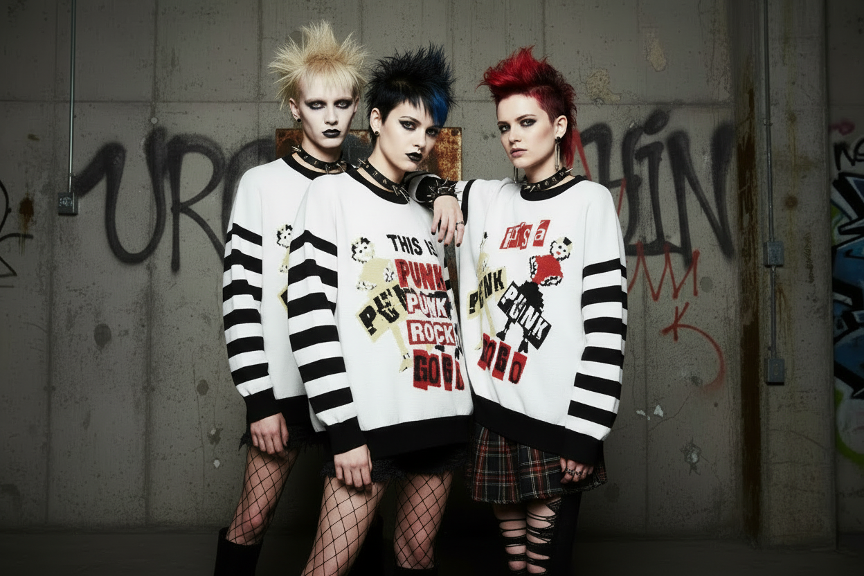 DARK URCHIN 'PUNK GO GO' Relaxed fit knitted crew neck sweater. 3 Size Options
