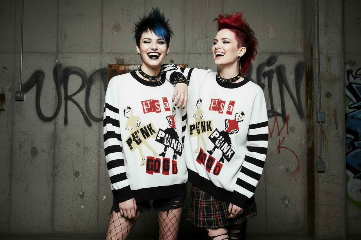 DARK URCHIN 'PUNK GO GO' Relaxed fit knitted crew neck sweater. 3 Size Options