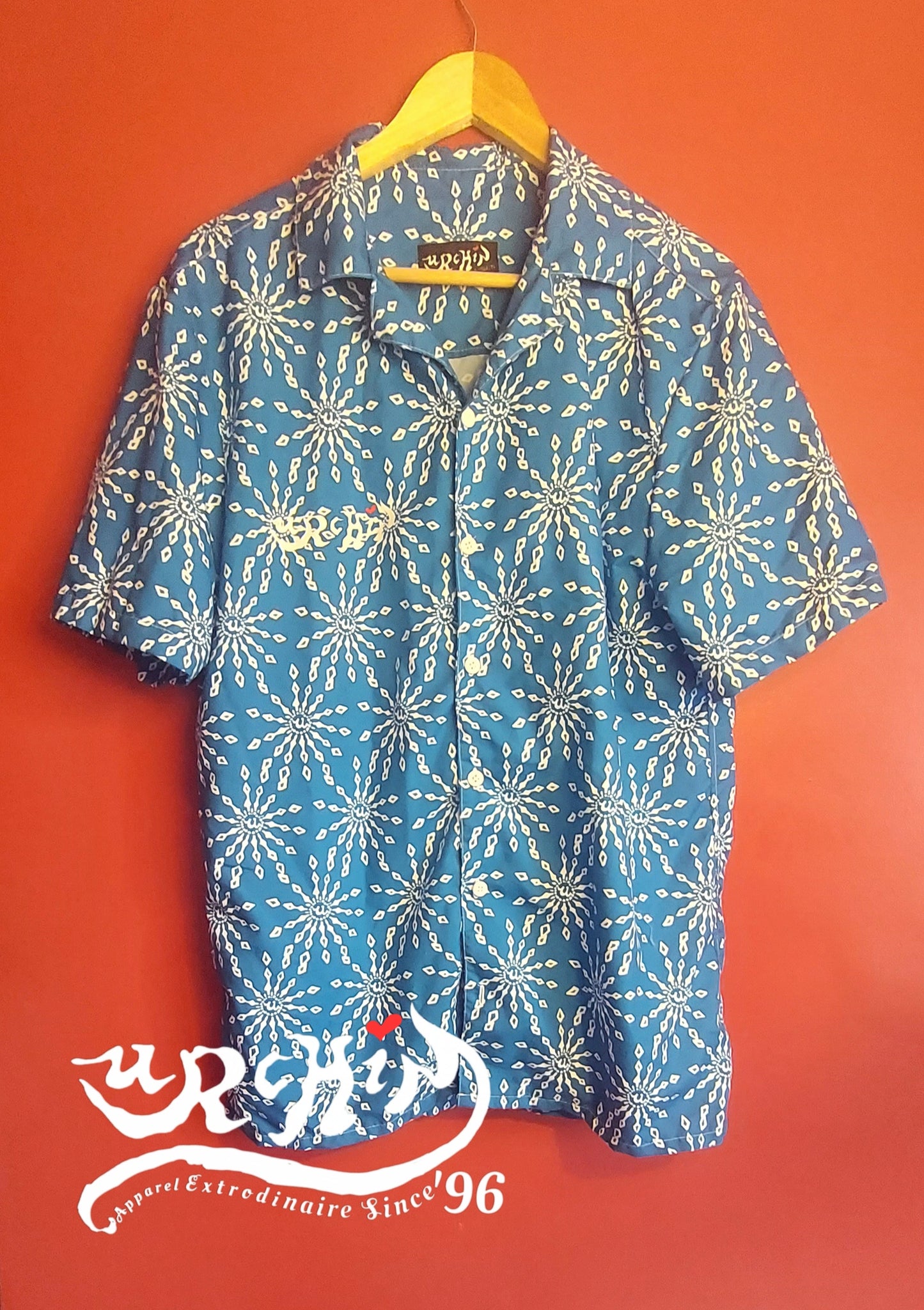 URCHIN 'U FIREWORK'. WHITE/SEA Unisex button shirt. Multiple Sizes.