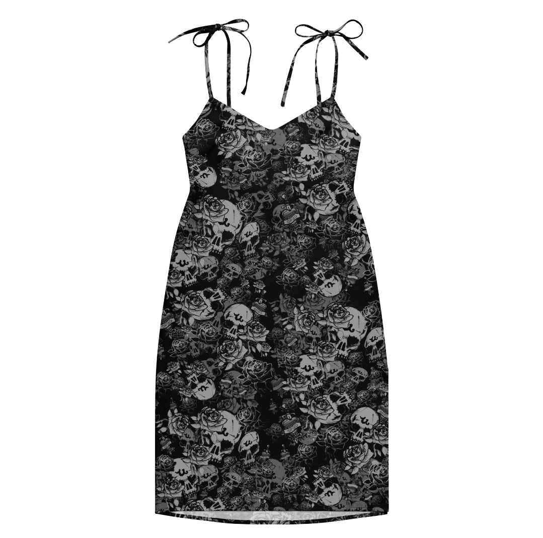 DARK URCHIN-'U Skull Storm' Skulls, Hearts Daggers, & Roses Tattoo Design. Tie-strap midi dress. Colour 'Night' (Black) Choice of Sizes.
