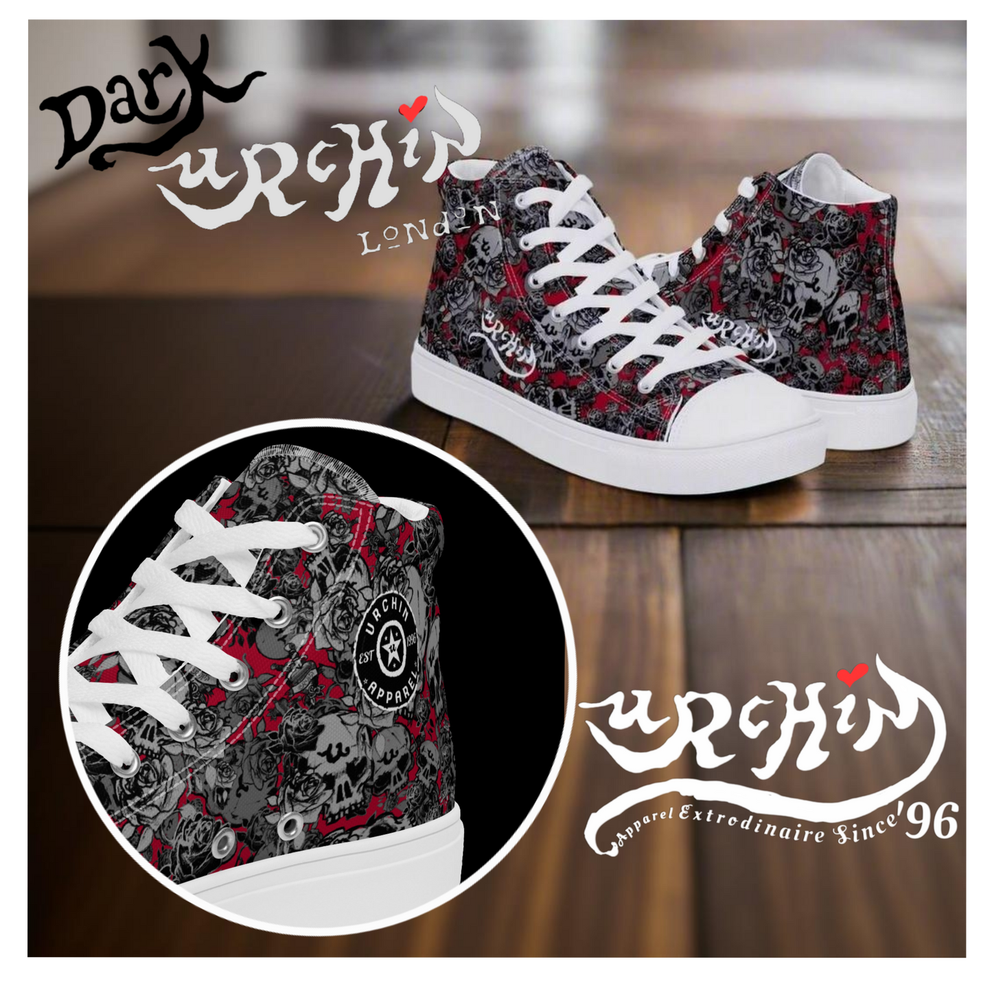 URCHIN 'Skull Storm' Dark Grape (Deep Red). Mens Lace Up Hi Tops. Choice of Sizes.