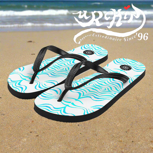 URCHIN Footwear. 'WAVE TATTOO' Blue. Unisex Flip-Flops. Choice of 3 Sizes.