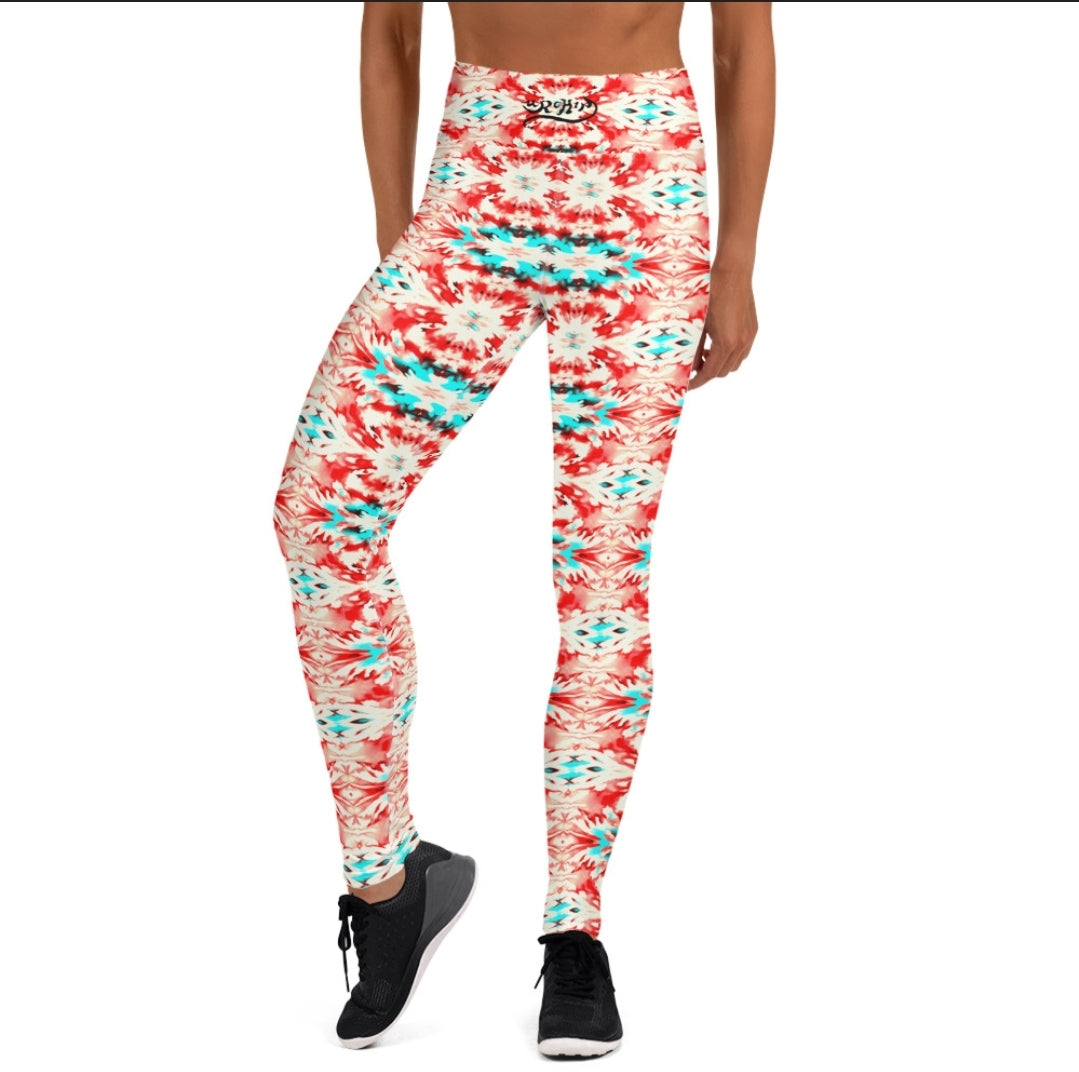URCHIN Clothes & Sportswear 'CORAL SEA' Red and Blue Tie Dye. Yoga Leggings. Choice of Sizes.