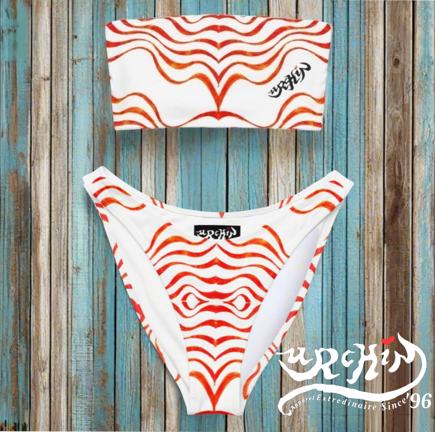 URCHIN 'TATTOO WAVE' Red. Recycled Bandeau Style Bikini. Choice of Sizes.