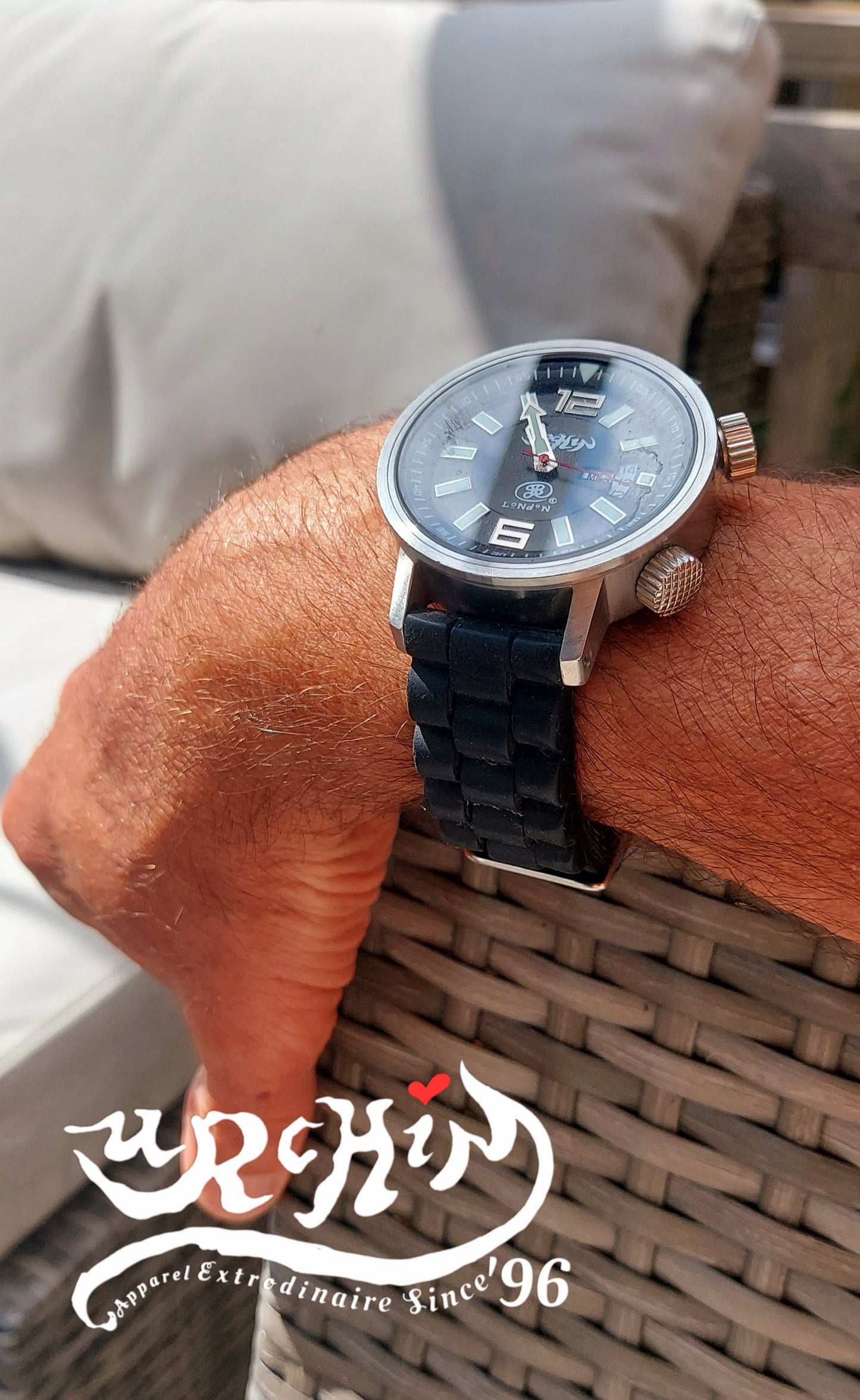 URCHIN Accessories & Watches. Black 'RETRO DIVER' 'Urchin London' Logo Watch. Rubber Strap. *To Order only.