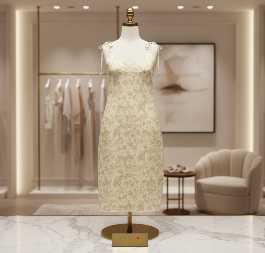 DARK URCHIN SKULL STORM 'IVORY' Colour Biscuit. Tie-strap midi dress