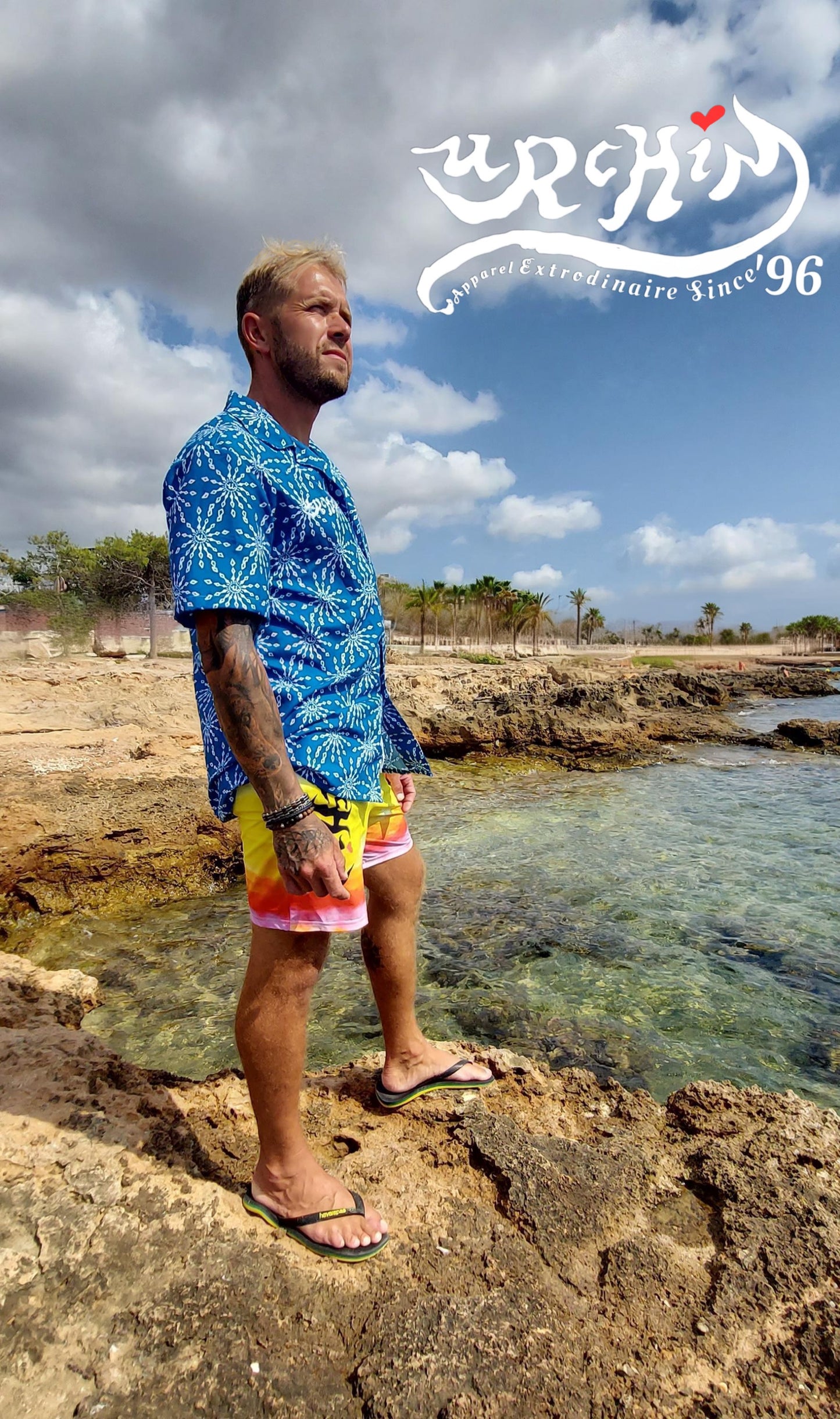 URCHIN 'U FIREWORK'. WHITE/SEA Unisex button shirt. Multiple Sizes.