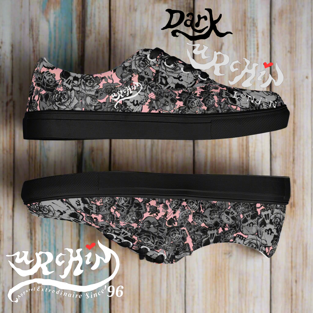 DARK URCHIN 'Skull Storm'. Pink. Women’s lace-up Canvas Sneakers. Black or White Detailing.
