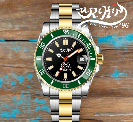 URCHIN Accessories & Watches. 'CRONOGRAPH DIVER' Black & Gold Face. 'Urchin' 'JSP London' Logo Watch. Green & White Bezel. Steel Body and Strap. *To Order only.
