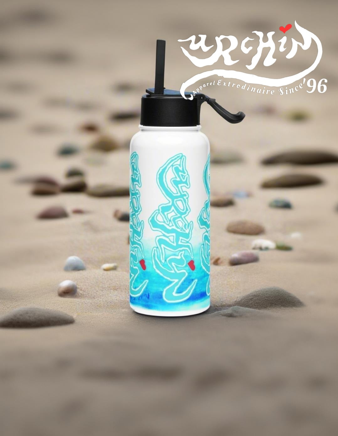 URCHIN Hydration 'Blue Ice' Stainless steel water bottle, with a straw lid.