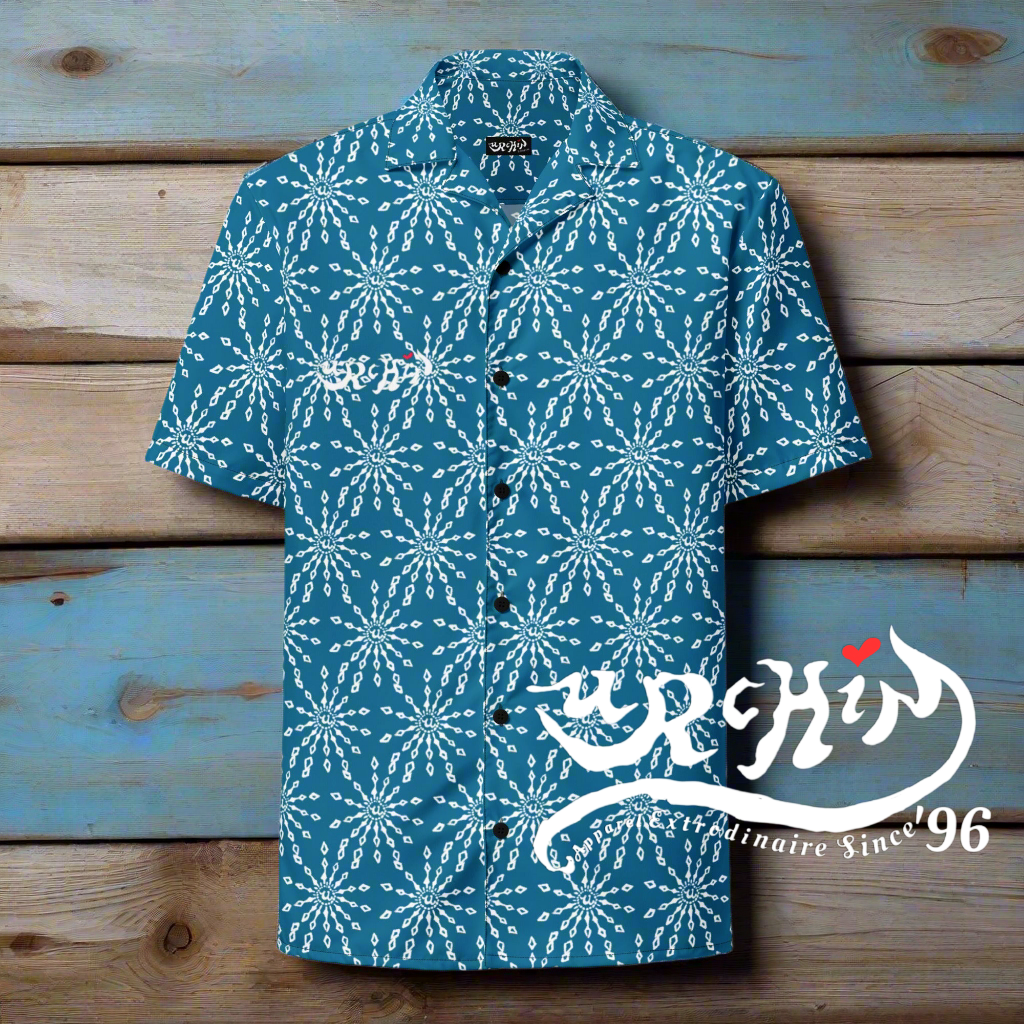 URCHIN 'U FIREWORK'. WHITE/SEA Unisex button shirt. Multiple Sizes.