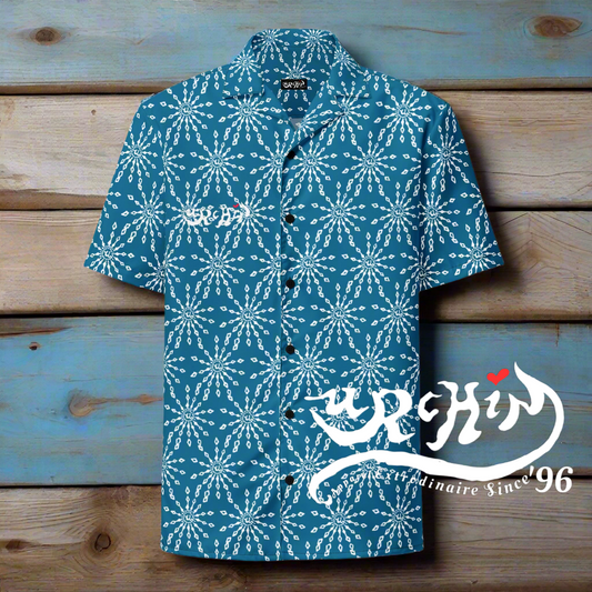 URCHIN 'U FIREWORK'. WHITE/SEA Unisex button shirt. Multiple Sizes.