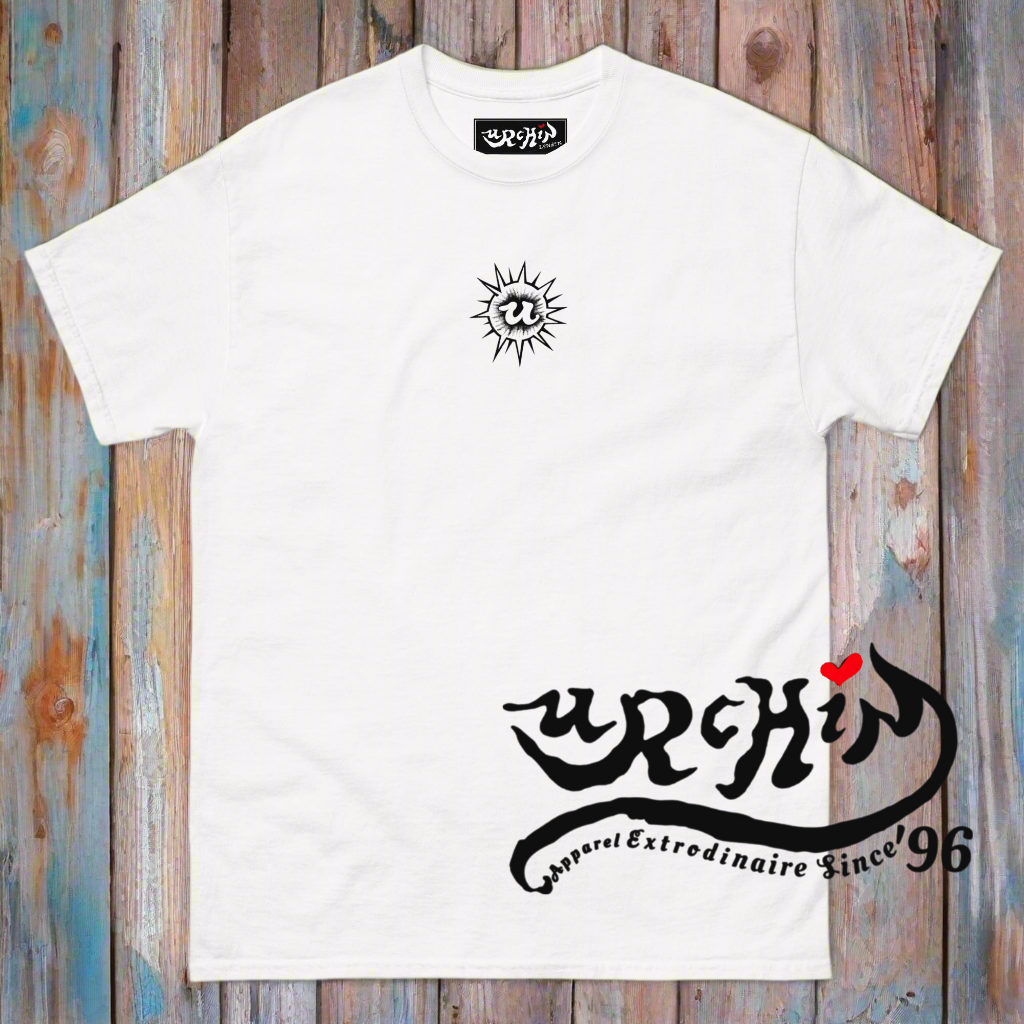 URCHIN- 'U URCHIN' Original Urchin 1996 Logo. Cotton T Shirt. White. Unisex.