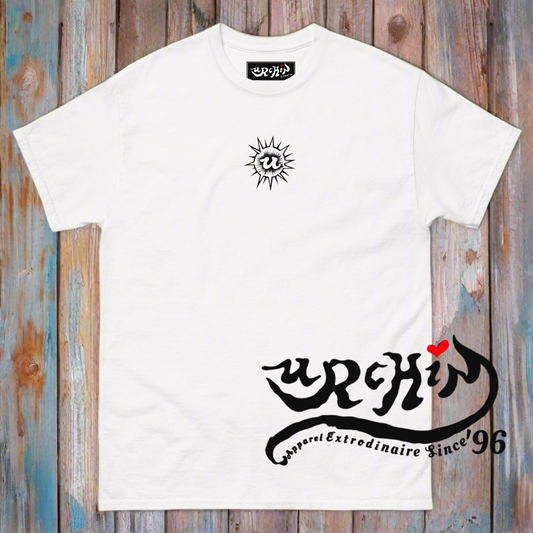 URCHIN- 'U URCHIN' Original Urchin 1996 Logo. Cotton T Shirt. White. Unisex.