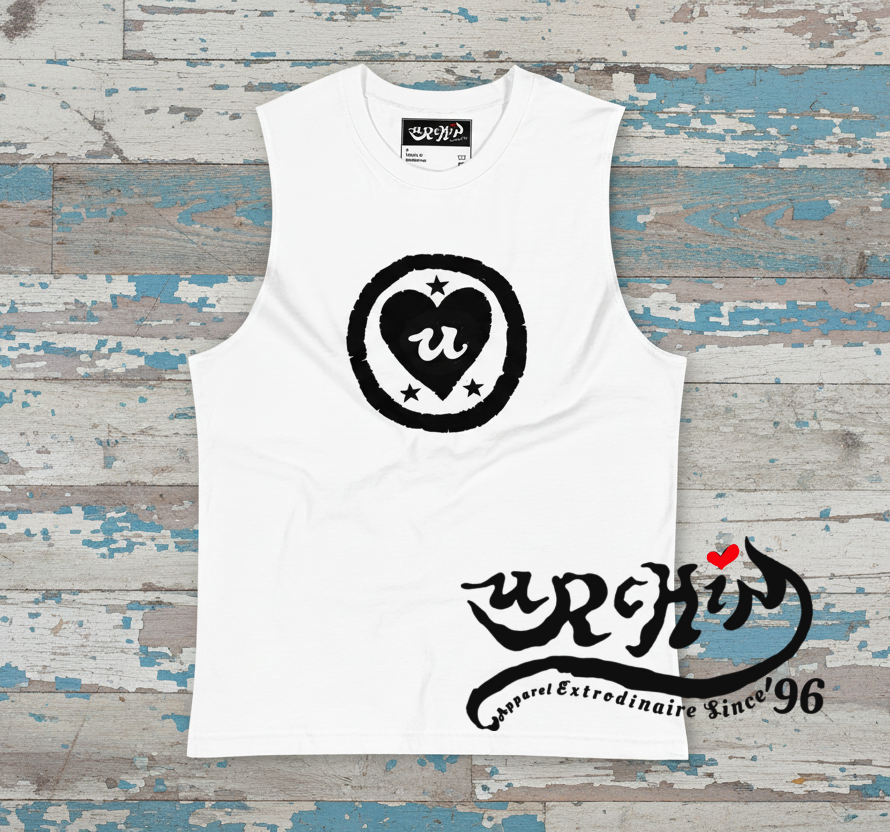 URCHIN LOVE U. Black Logo. White Muscle T Shirt/Tank Top. Unisex