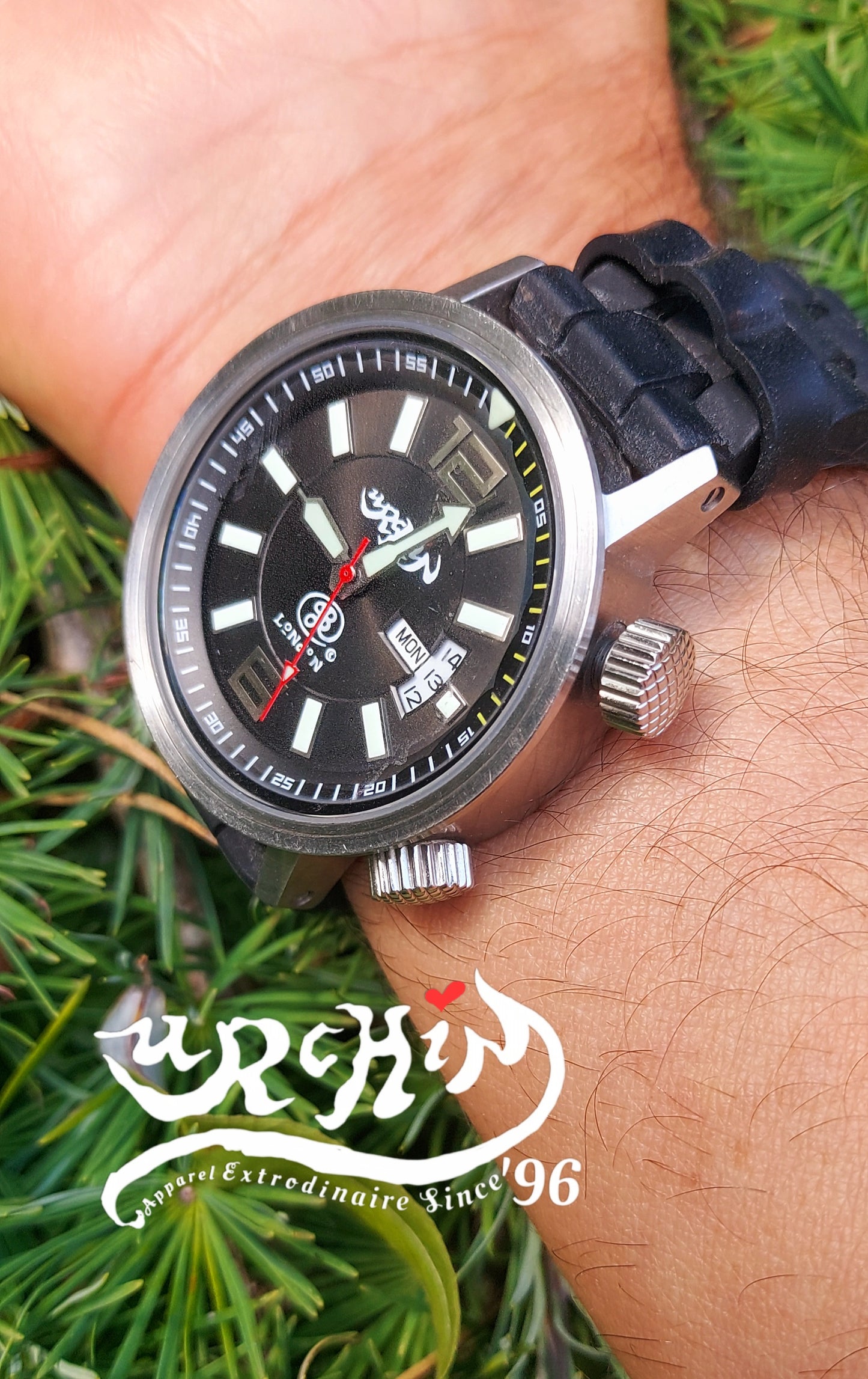 URCHIN Accessories & Watches. Black 'RETRO DIVER' 'Urchin London' Logo Watch. Rubber Strap. *To Order only.