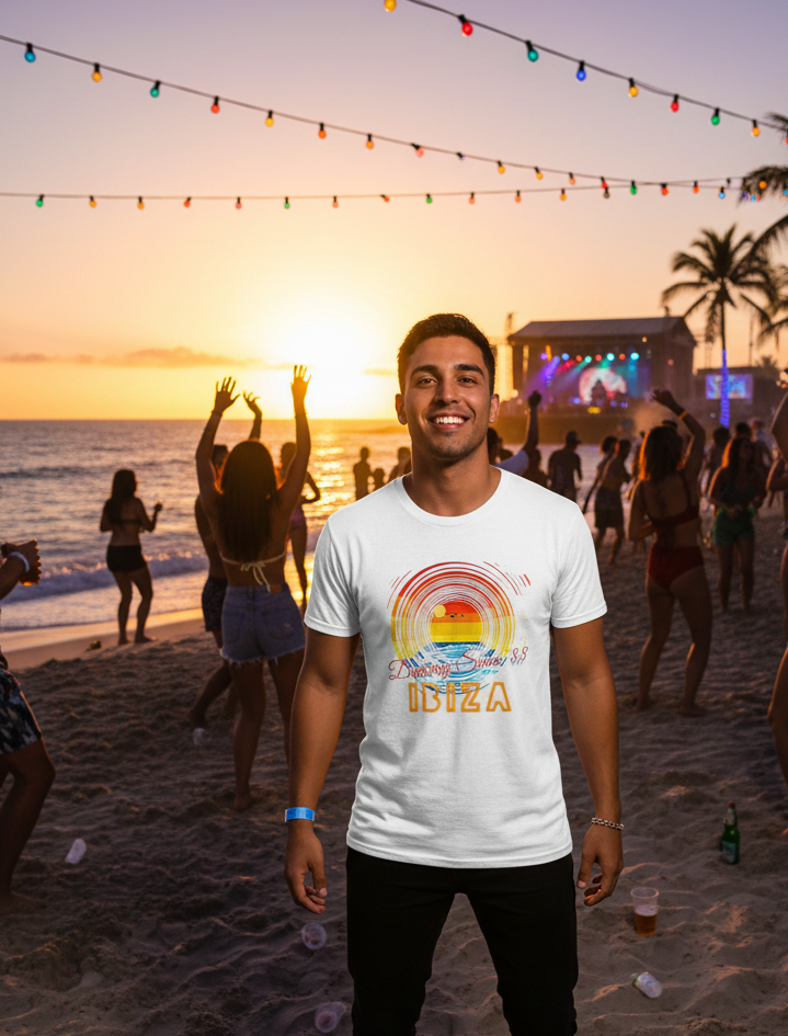 URCHIN 'Ibiza Sunset Spin'. White T Shirt. Unisex. Choice of Sizes
