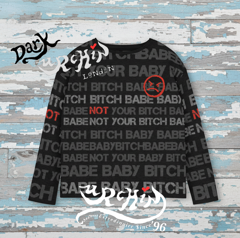 DARK URCHIN 'NOT YOUR B**CH' Grey & Red on Black. Women’s straight bottom knitted sweater. XL