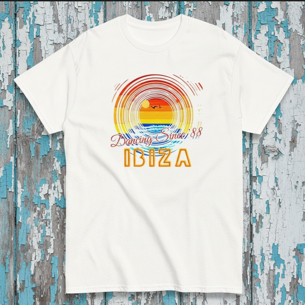 URCHIN 'Ibiza Sunset Spin'. White T Shirt. Unisex. Choice of Sizes