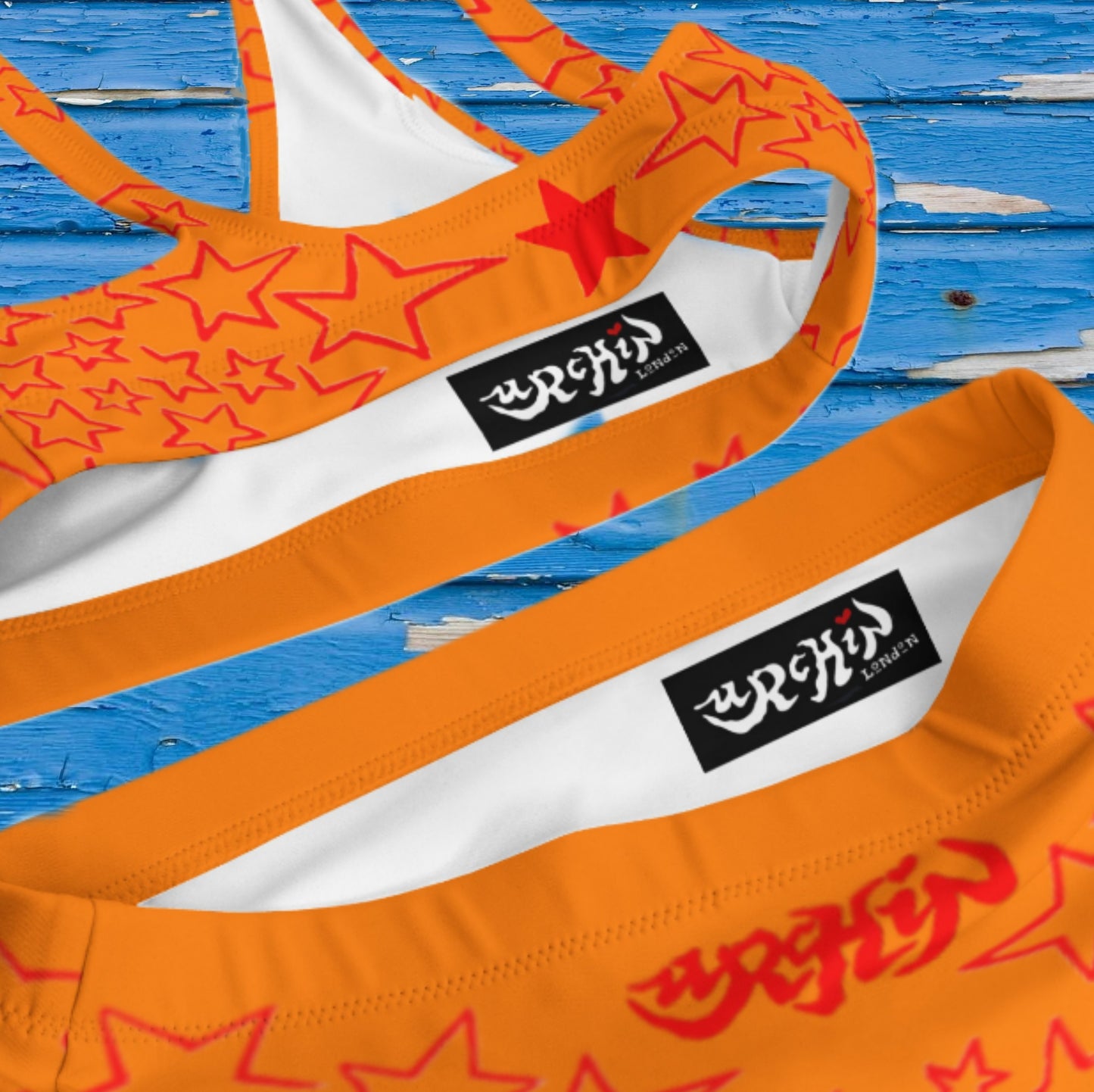 URCHIN Clothes & Swimwear. 'U STAR' Red & Orange. Recycled high-waisted bikini. Choice of Sizes.