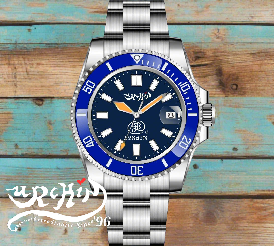 URCHIN Accessories & Watches. 'CRONOGRAPH DIVER' Blue & White 'Urchin London' Logo Watch. Steel Body and Strap. *To Order only.