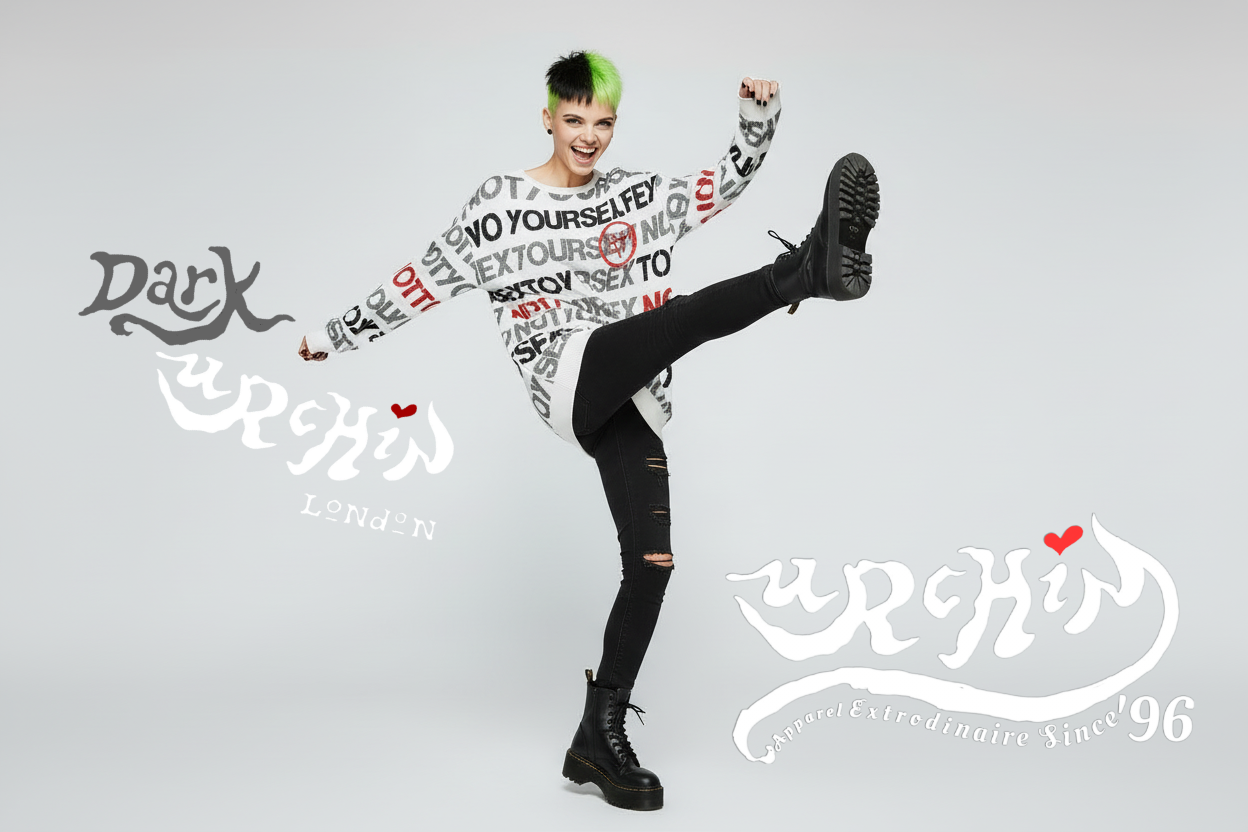 DARK URCHIN 'NOT YOUR SEX TOY' Grey & Red on White. Women’s straight bottom knitted sweater. XL