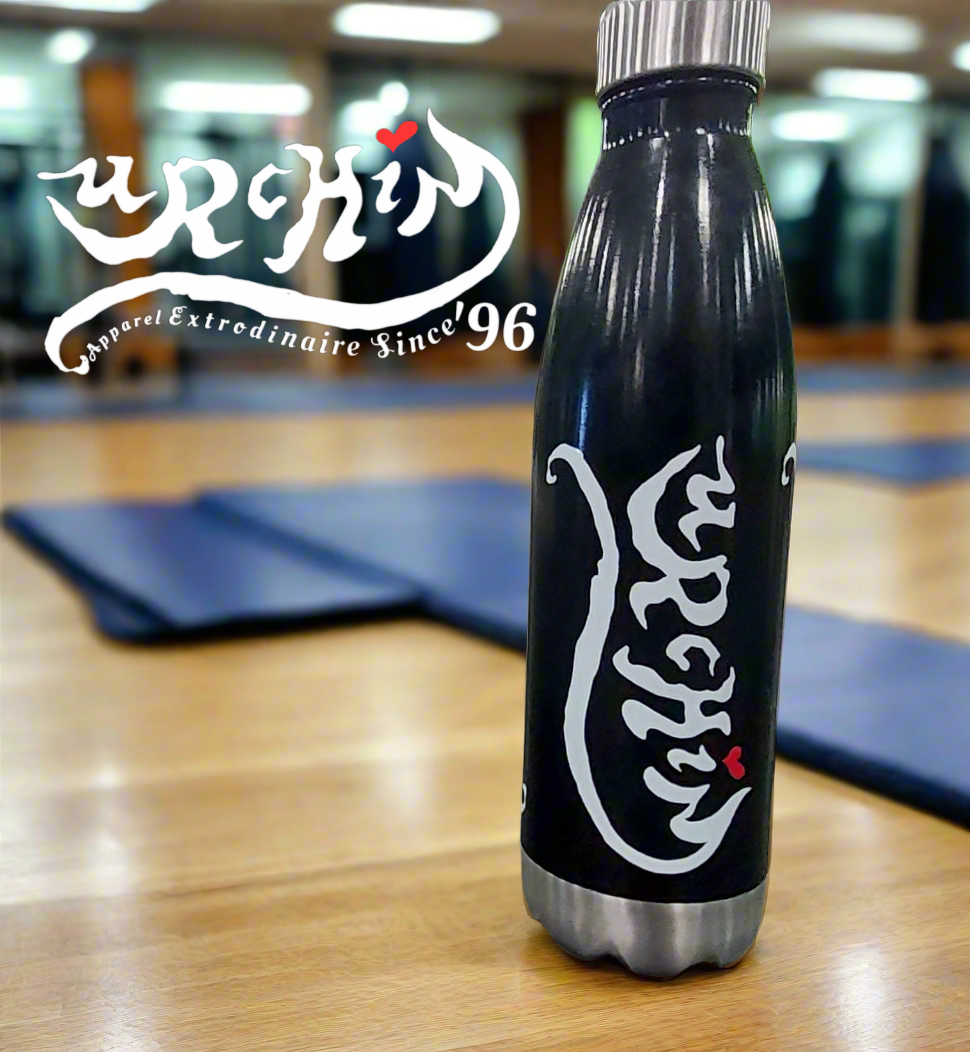 URCHIN Hydration Stainless Steel water bottle. White 'Slick Urchin' Logo on Black.