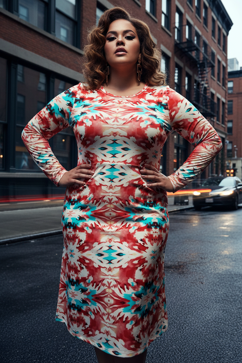 URCHIN 'CORAL SEA' Long Sleeve Midi Dress. Red and Blue Tie Dye Print.