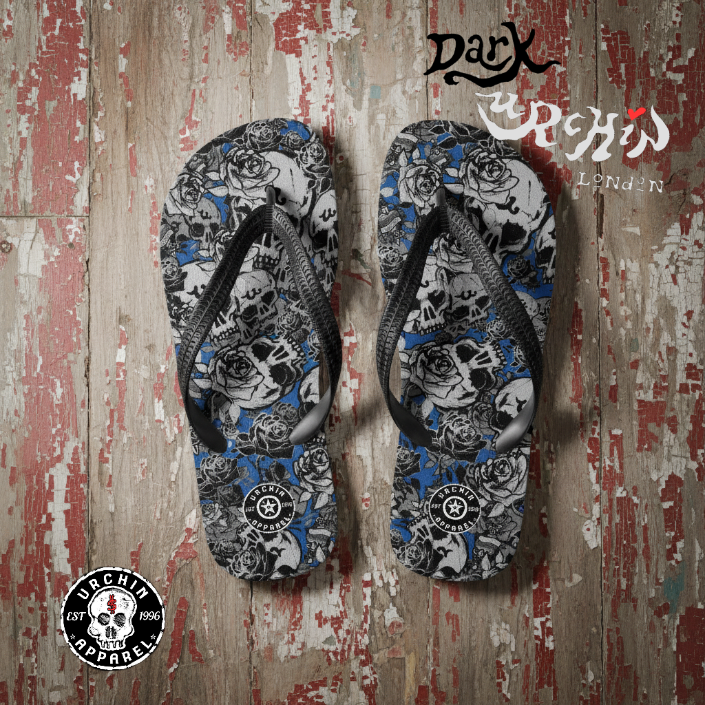 DARK URCHIN 'Skull Storm'. Blue. Unisex Flip-Flops. Choice of 3 Sizes.