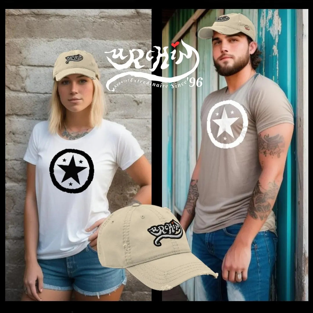 URCHIN Hats 'Urchin' Logo. Baseball Cap. White on Black Logo. Lightly Distressed. Embroidered front and side Design. Choice of Colours. Unisex.